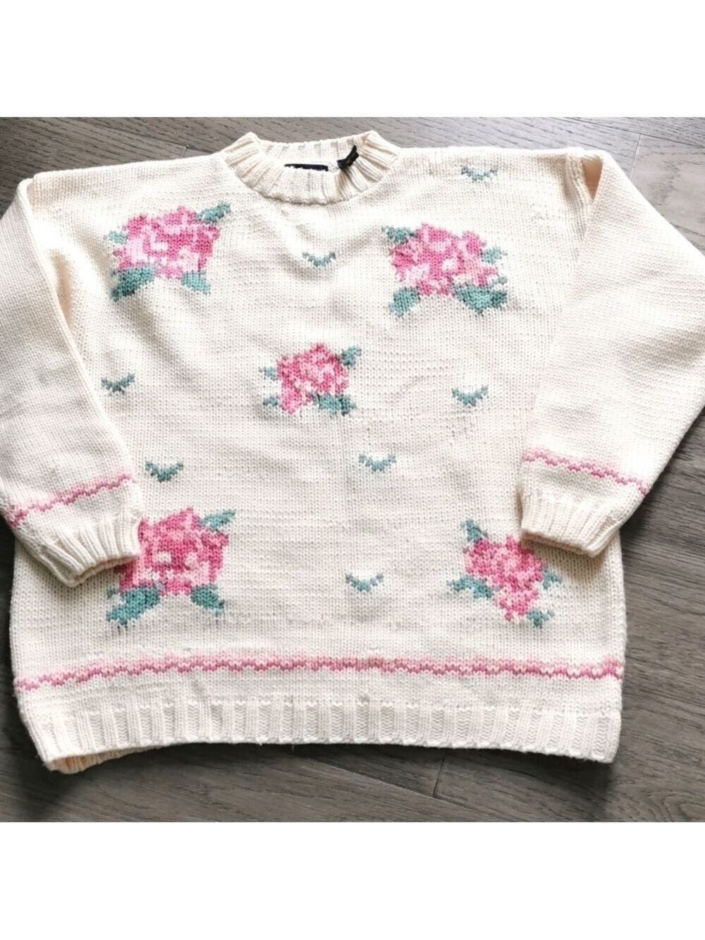 Hand knit CottageCore Grannycore Romantic Floral Sweater Weekend Edition. Size L